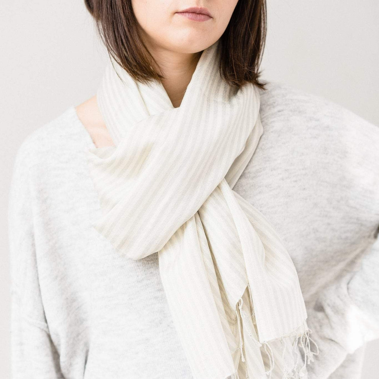 Stunning  Cream- Grey Striped Silk Wool Scarf-Shawl-Stole-Unsex-Men’s-women’s Neck Scarf -Evening Wrap