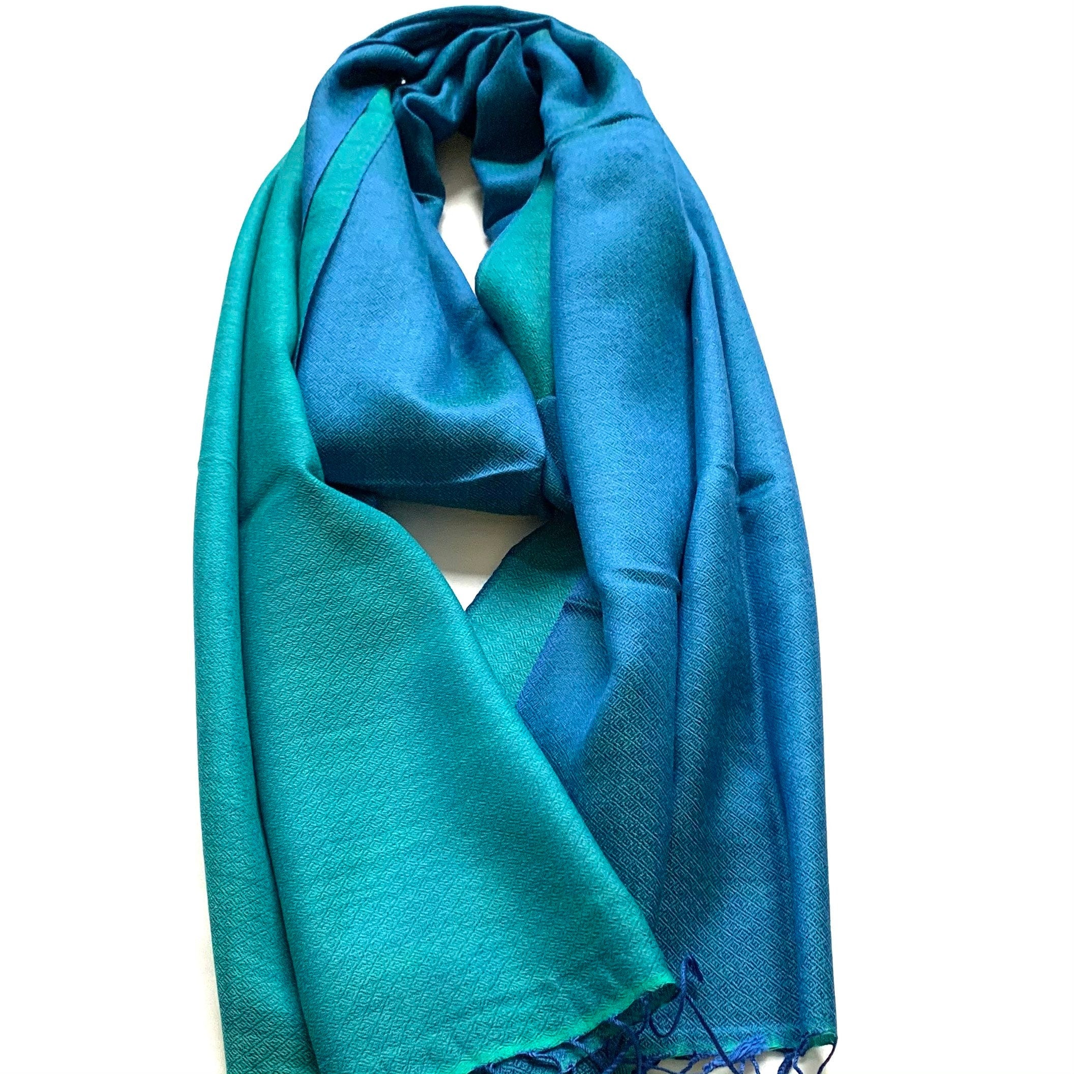 Blue Teal Silk Wool Pashmina Shawl Scarf Stole Wrap