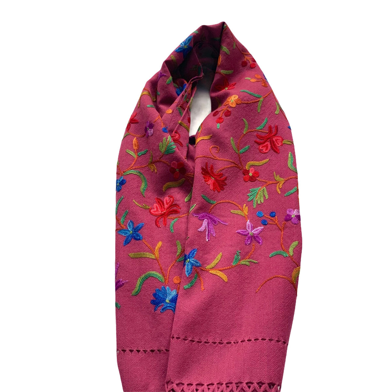 Pink Fuchsia Floral Shawl  Wool Scarf Wrap Hand Embroidered Stole