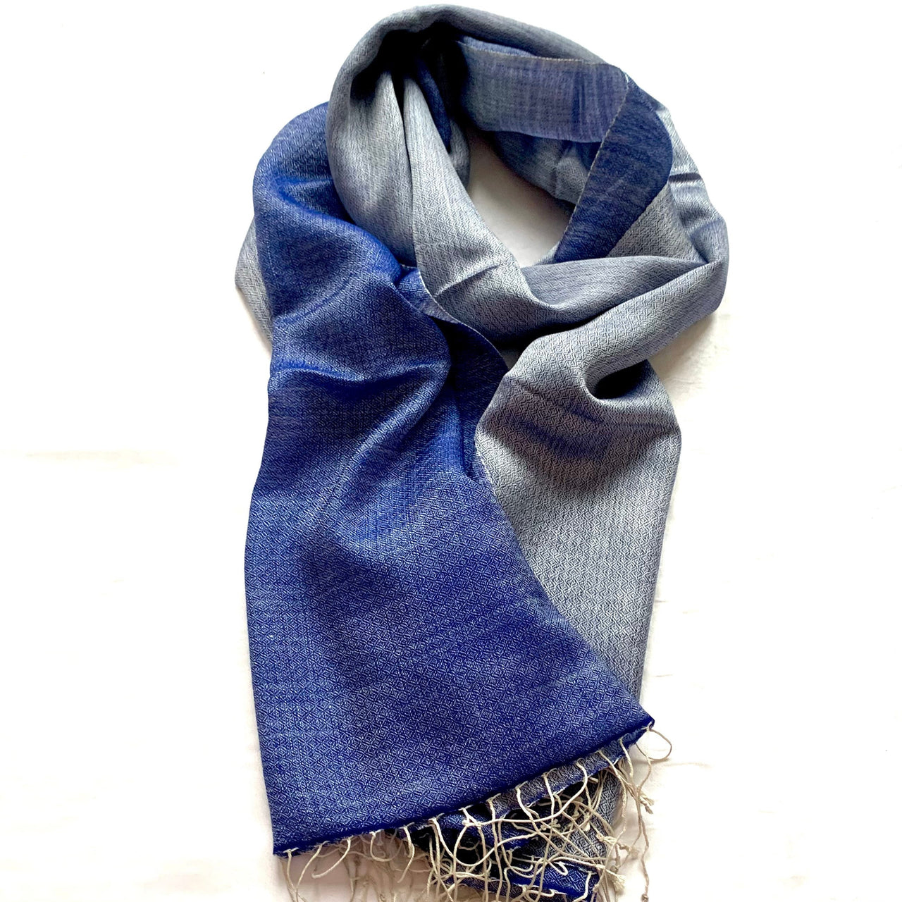 Reversible Blue Shawl Cream Silk Wool Scarf Wrap Stole