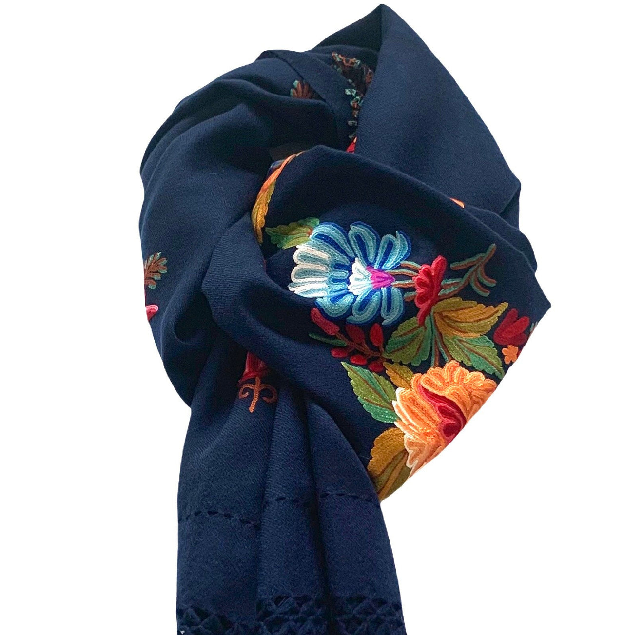 Stunning Navy Blue Wool shawl Silk Hand Embroidered Scarf Stole Women’s Wrap