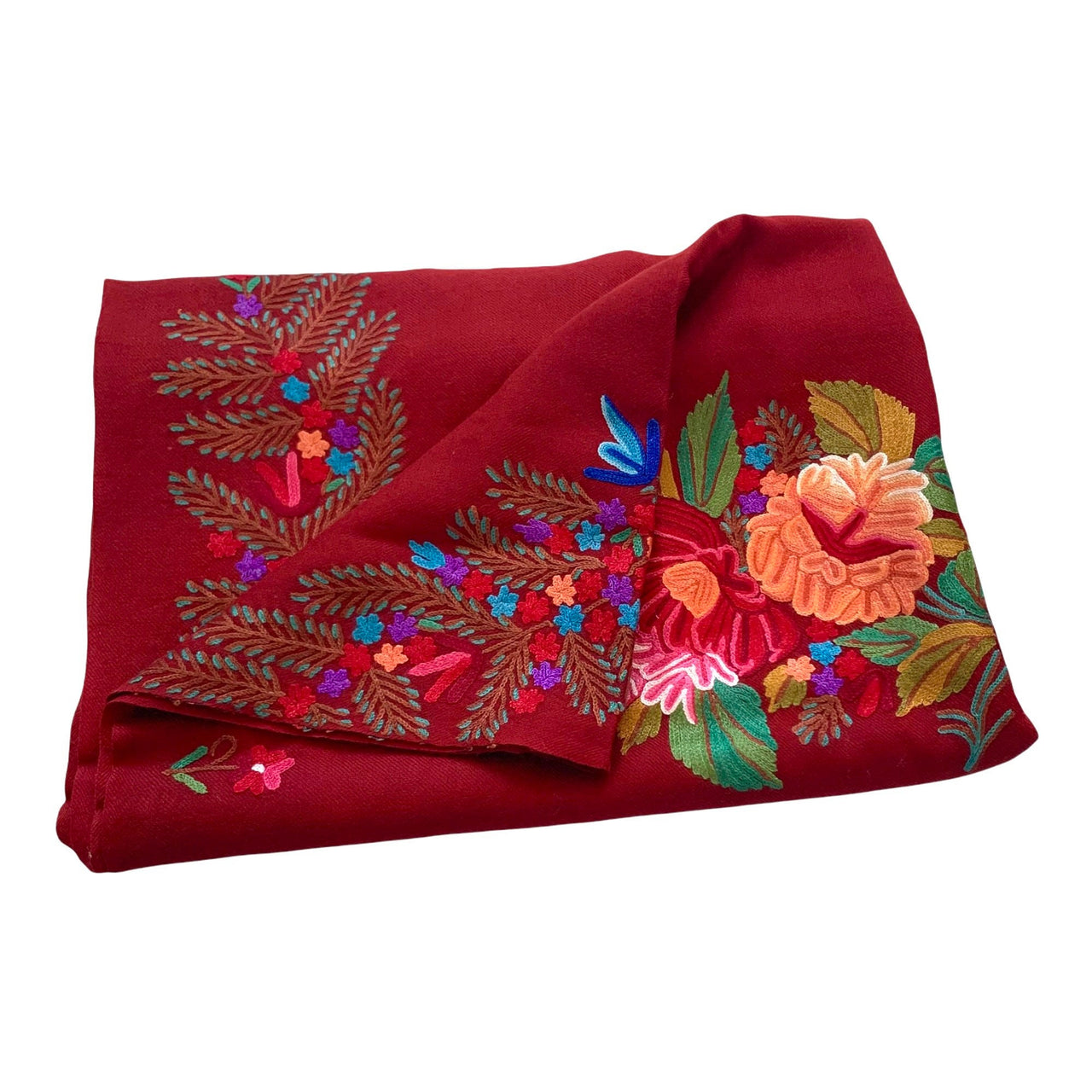 Burgundy Hand Embroidered Floral Scarf Shawl Wrap Stole