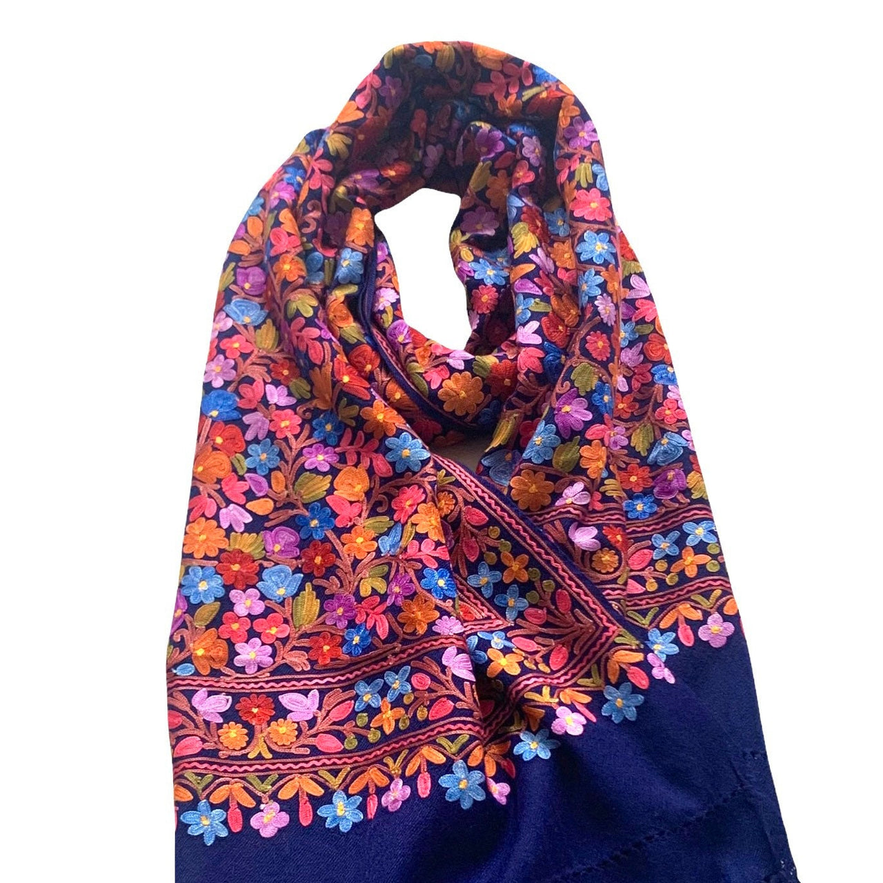 Navy Blue Floral Embroidered multicoloured Pashmina/Shawl/Scarf/Stole /Wrap