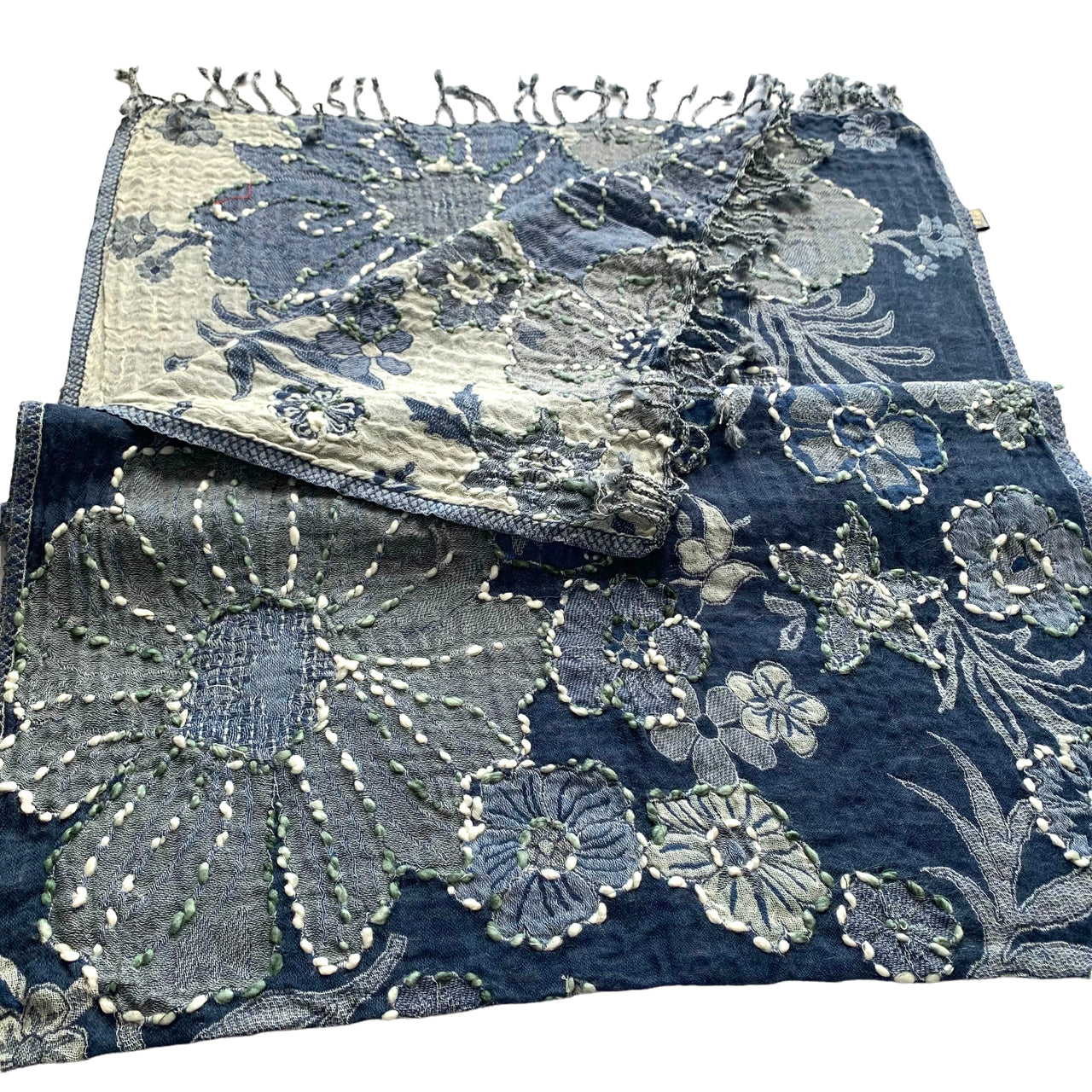 Denim  Floral Embroidered Thick Merino Wool Scarf Shawl Wrap Stole 28x76”Inches
