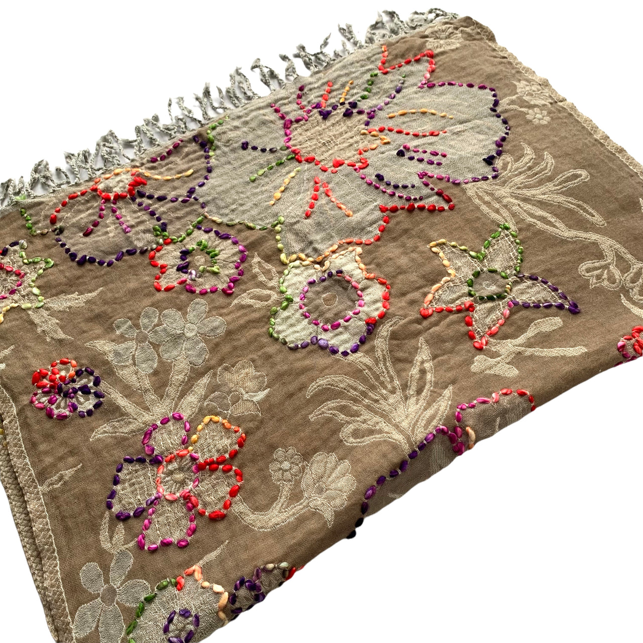 Beige Floral Embroidered Thick Merino Wool Scarf Shawl Wrap Stole 28x76”Inches