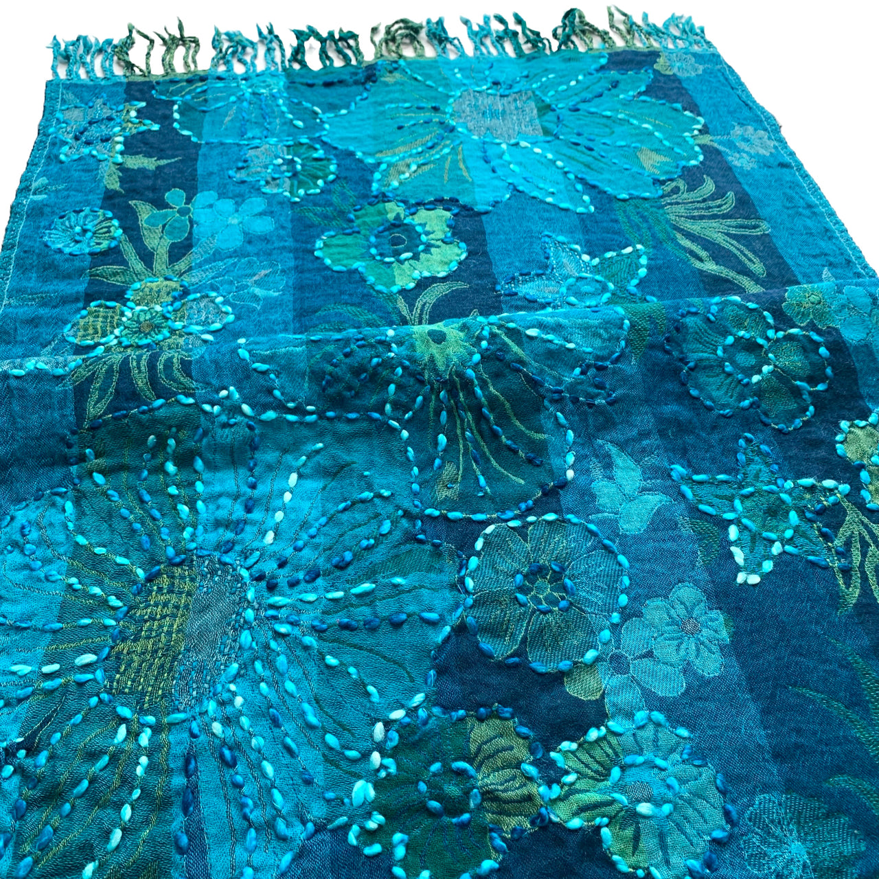 Teal Floral Embroidered Thick Merino Wool Scarf Shawl Wrap Stole 28x76”Inches