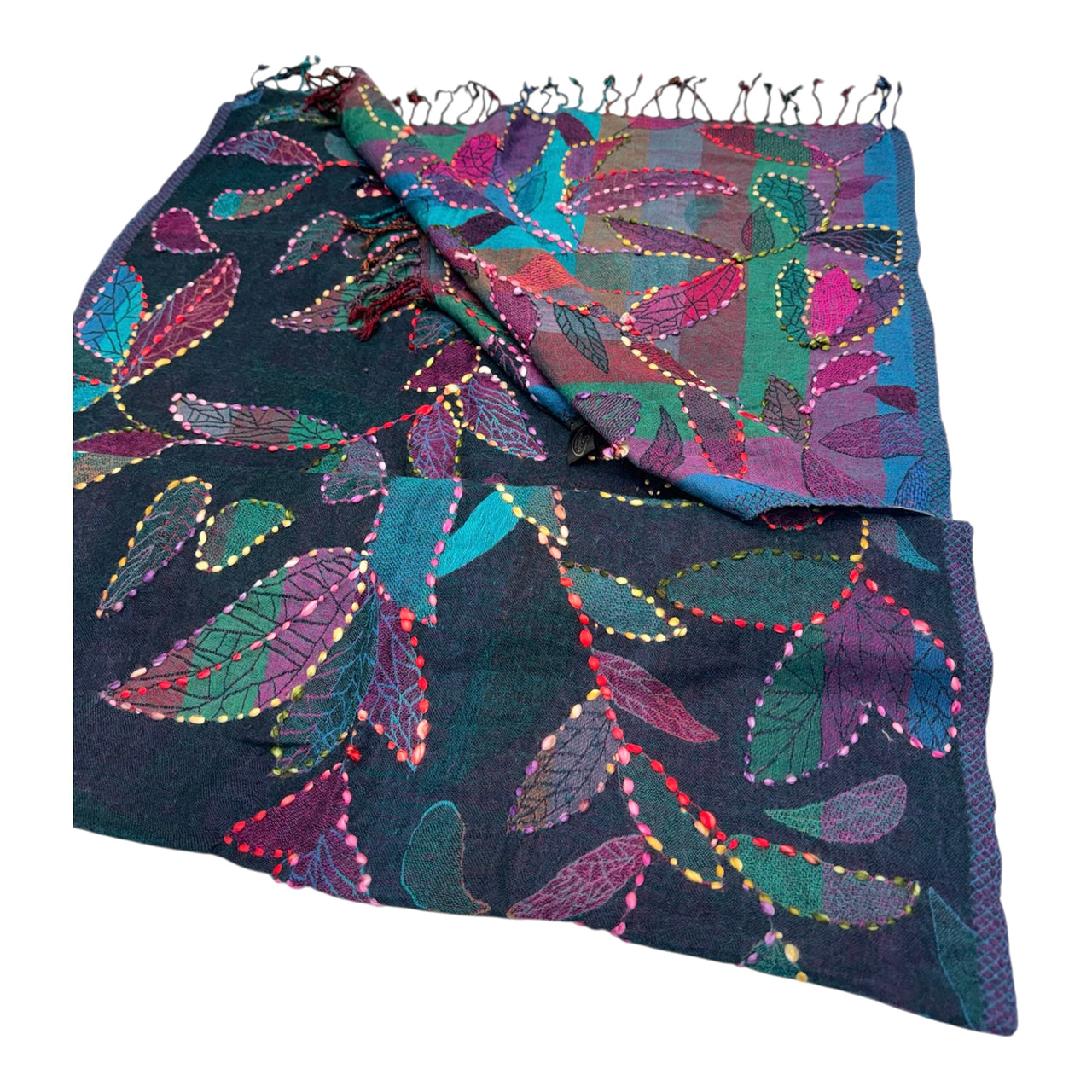 Black charcoal Multicoloured Hand Embroidered Boilwool Scarf