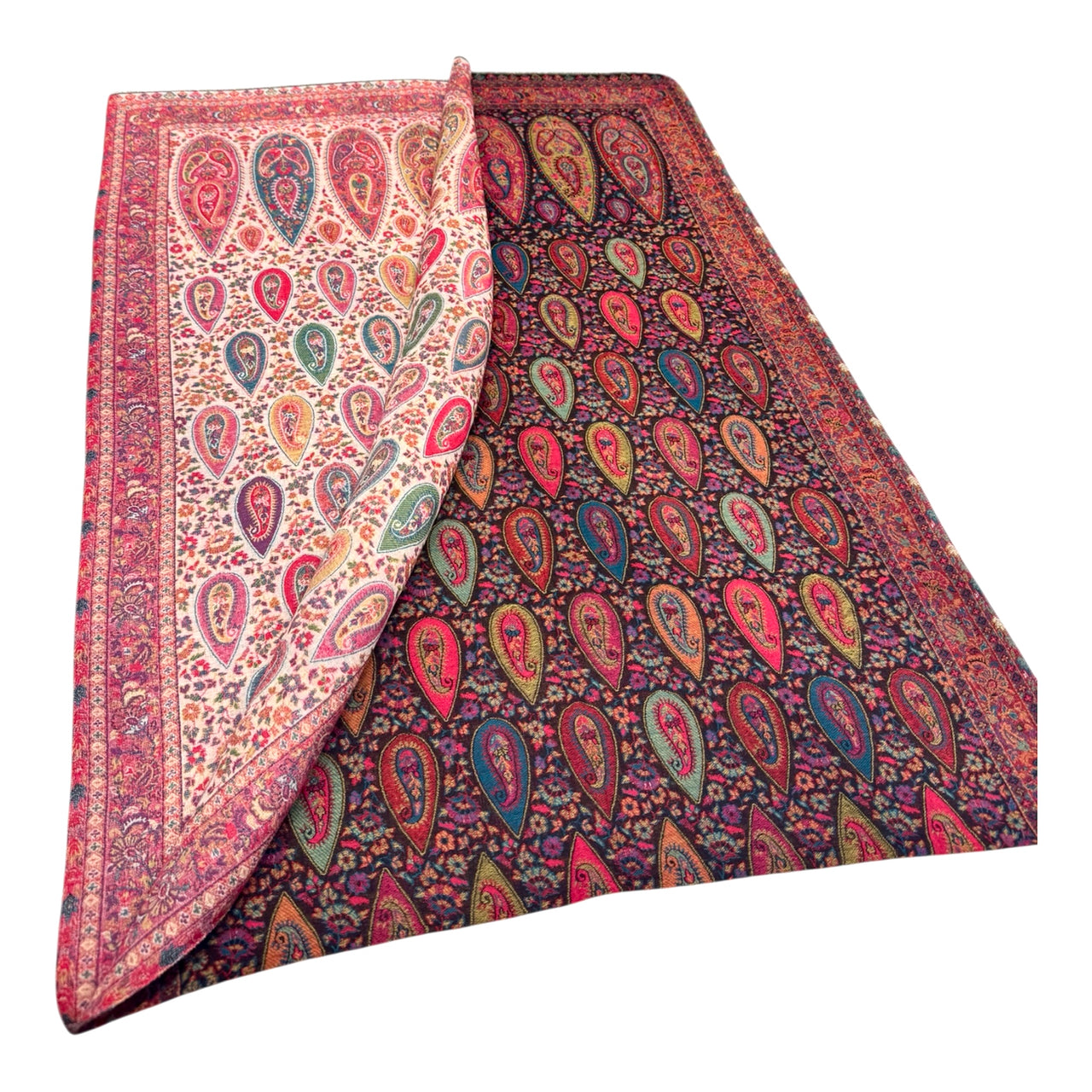 Reversible Black and White Multicoloured Kani Woven Wool Scarf Shawl Wrap