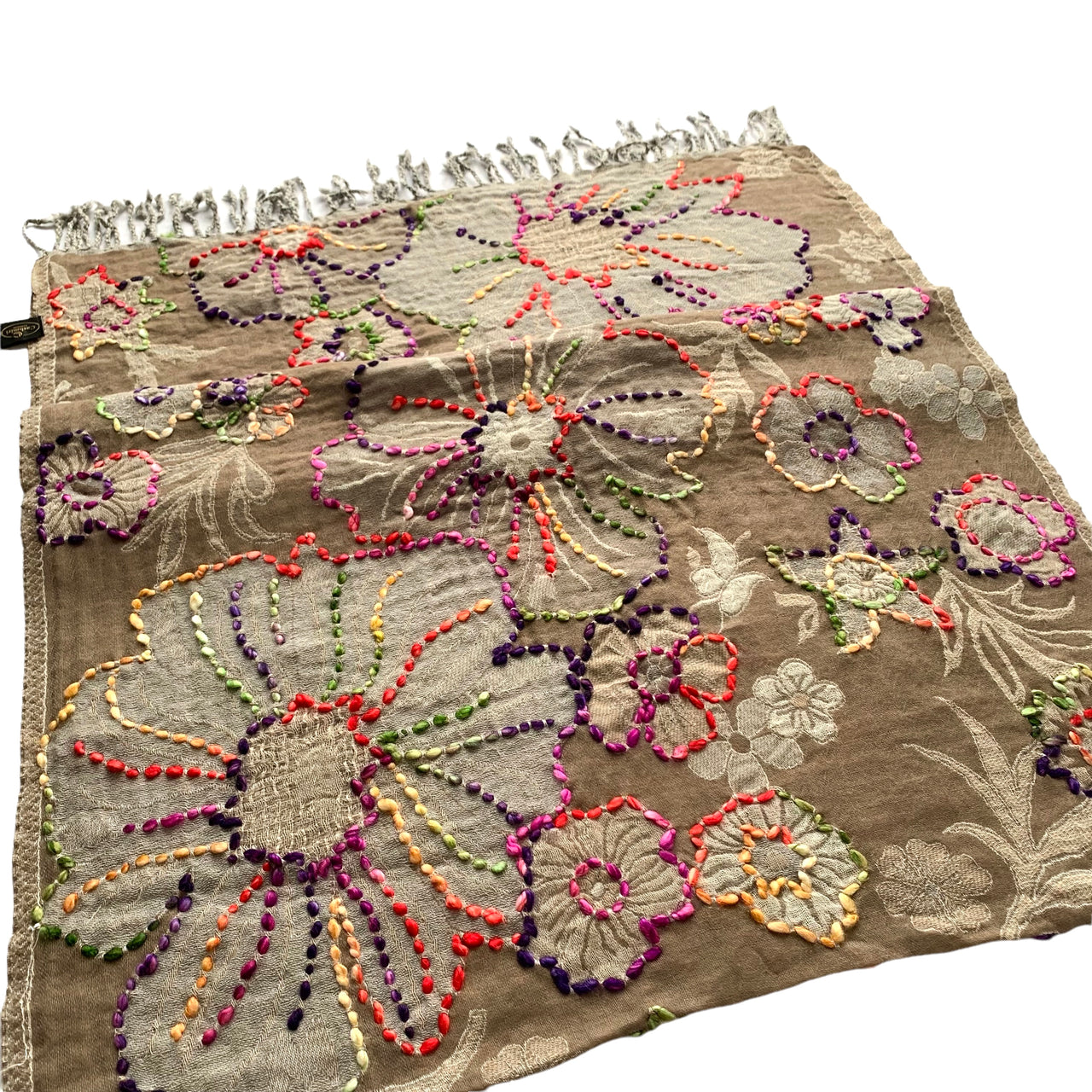 Beige Floral Embroidered Thick Merino Wool Scarf Shawl Wrap Stole 28x76”Inches