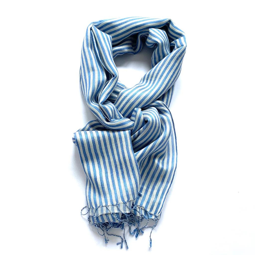 Stunning Denim Blue and White Striped Silk Wool Scarf Shawl Wrap Stole Unsex Men’s women’s Neck Scarf