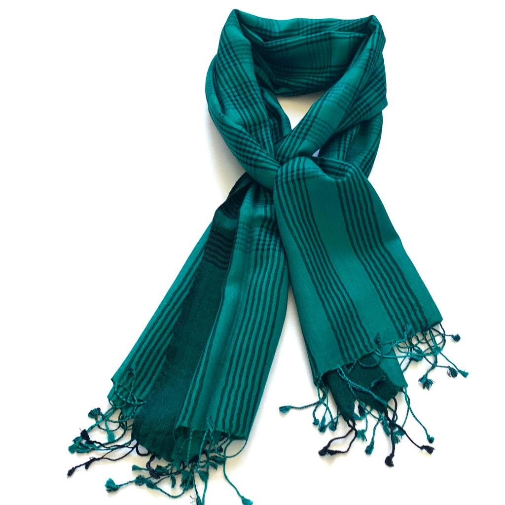 Emerald and Black Striped Silk-Wool Scarf Shawl/Wrap/Stole 28x80”inches