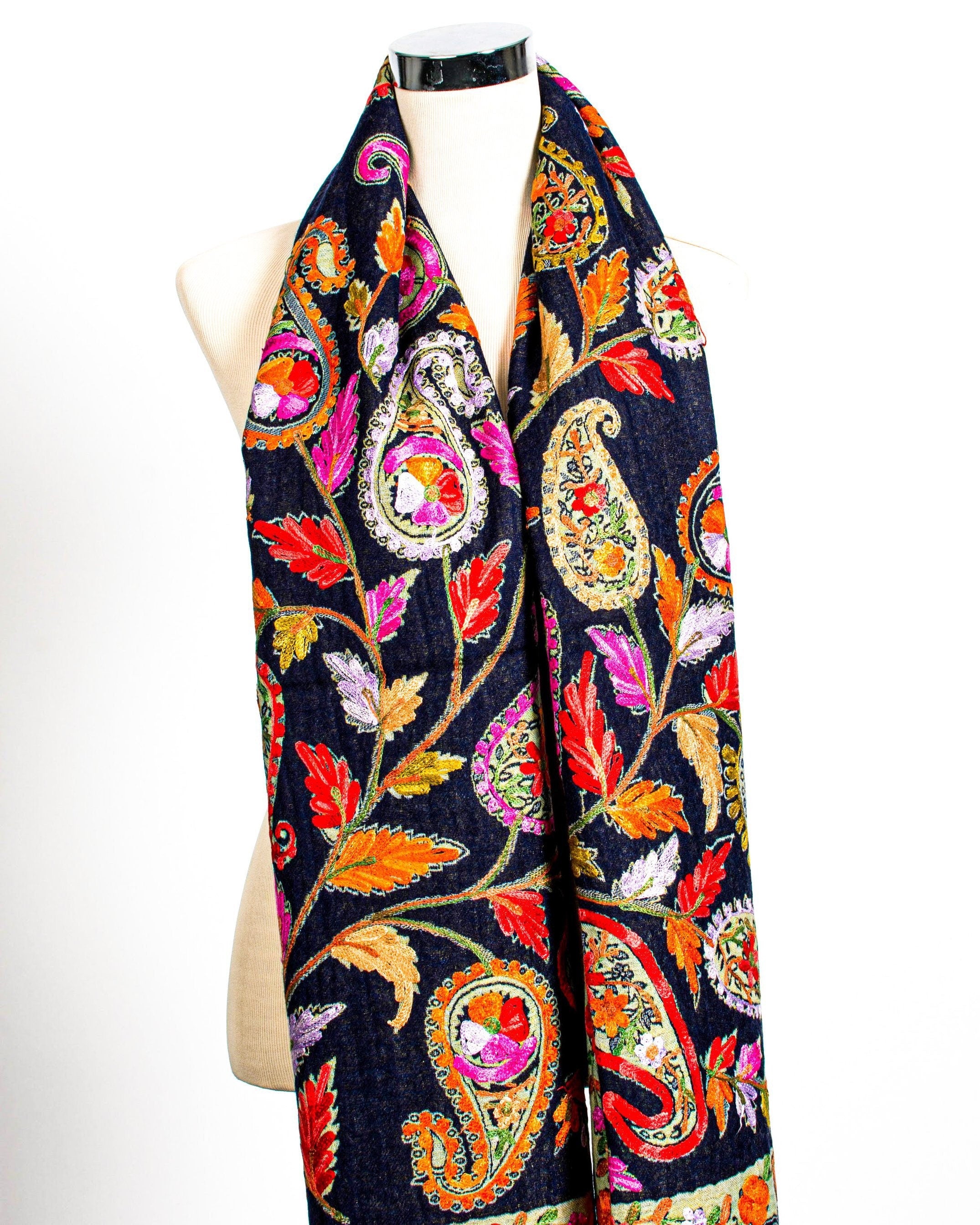 Beautiful floral peacock Design 2024 Black Multicoloured wool pashmina scarf Stole wrap Shawl 28x76”inches