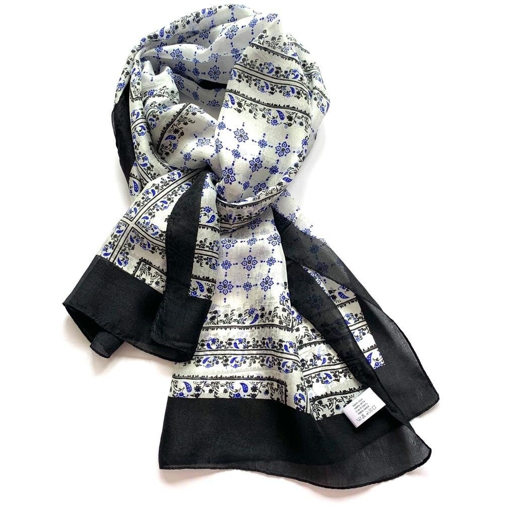 Black and White with Blue Patterned Silk Scarf/stole/Neck Scarf