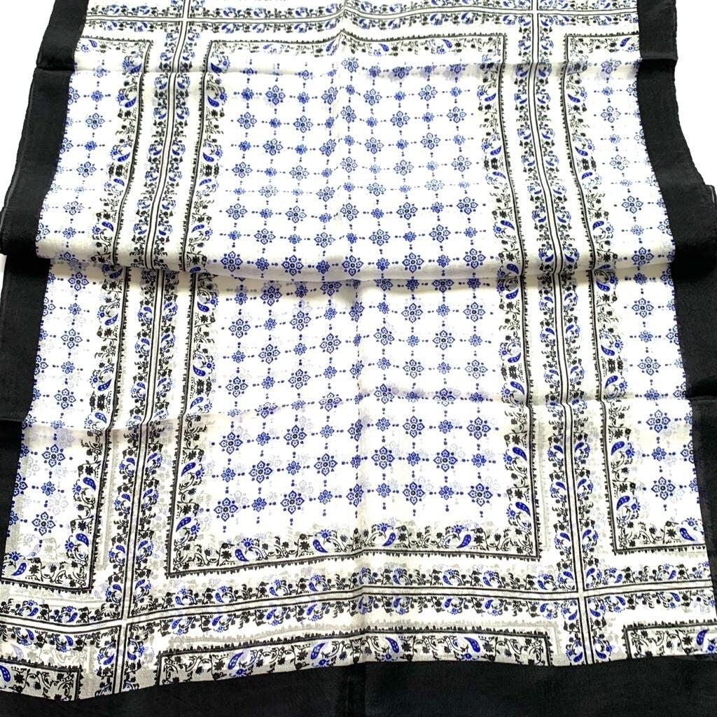 Black and White with Blue Patterned Silk Scarf/stole/Neck Scarf