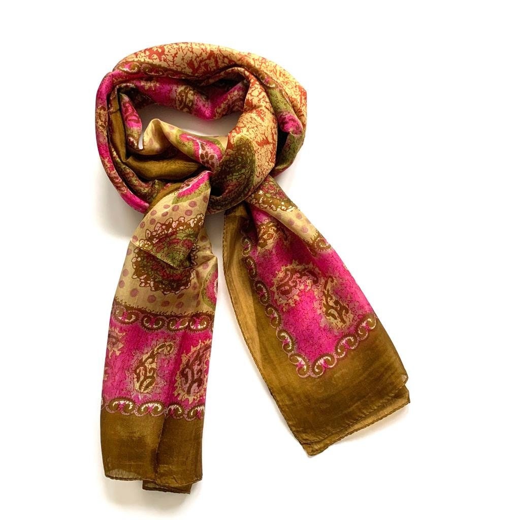 Pink and Caramel Paisley Flower Pattern SilkScarf/stole/Neck Scarf