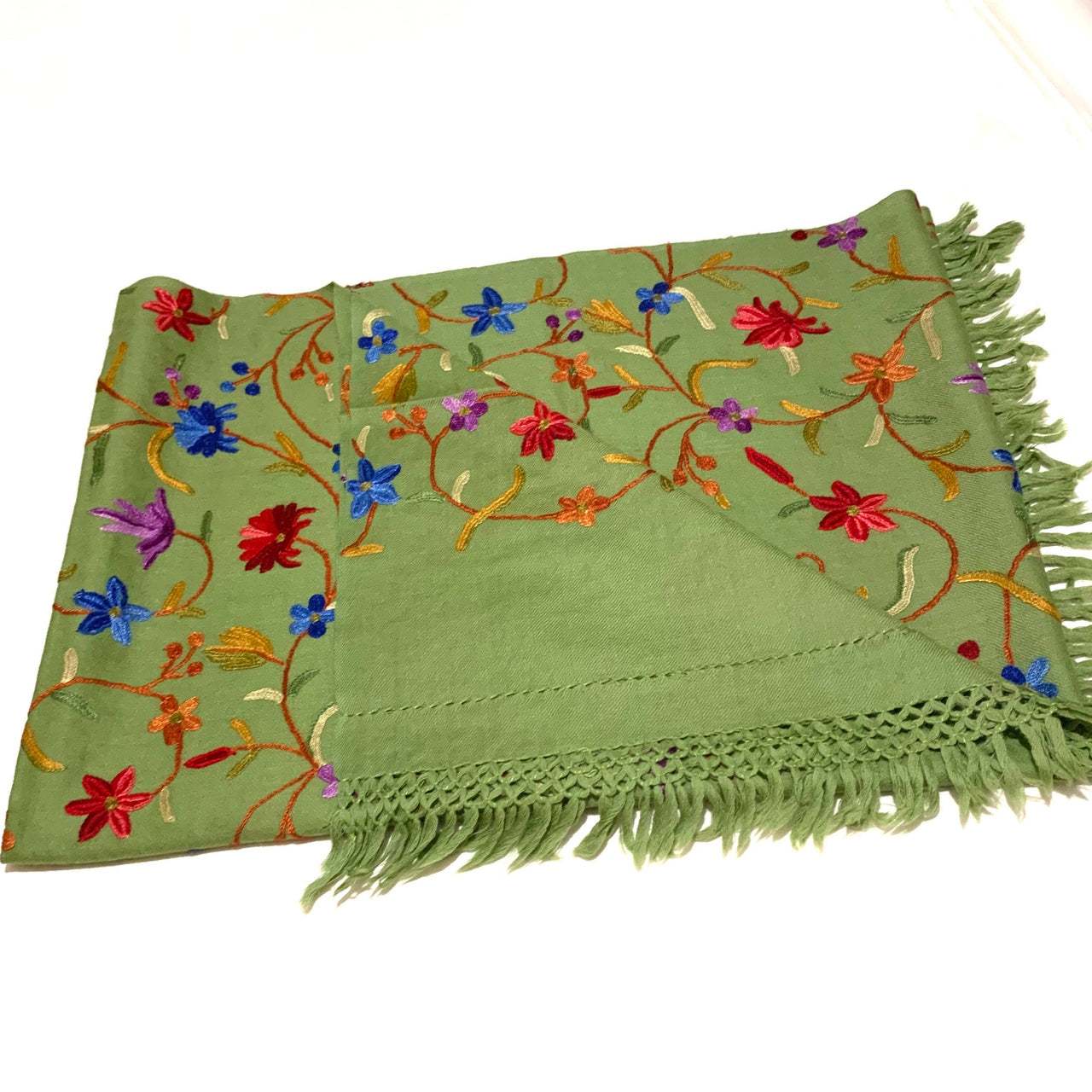 Floral Shawl Pistachio Green Silk Wool Scarf Hand Embroidered Wrap Stole