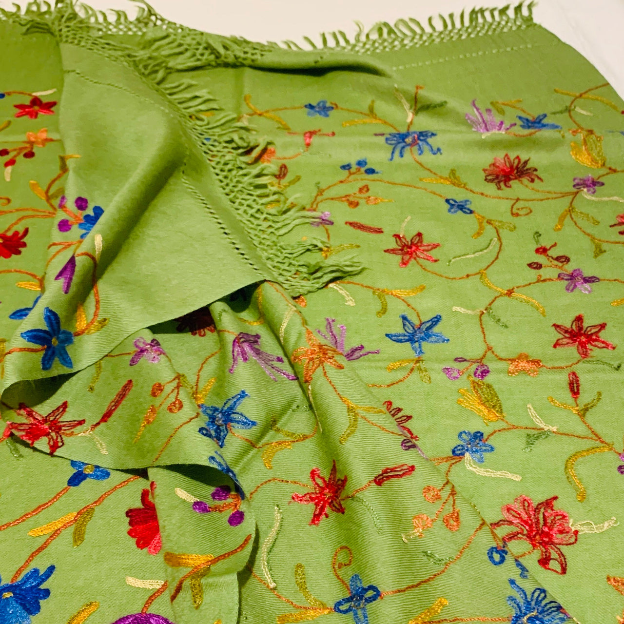 Floral Shawl Pistachio Green Silk Wool Scarf Hand Embroidered Wrap Stole