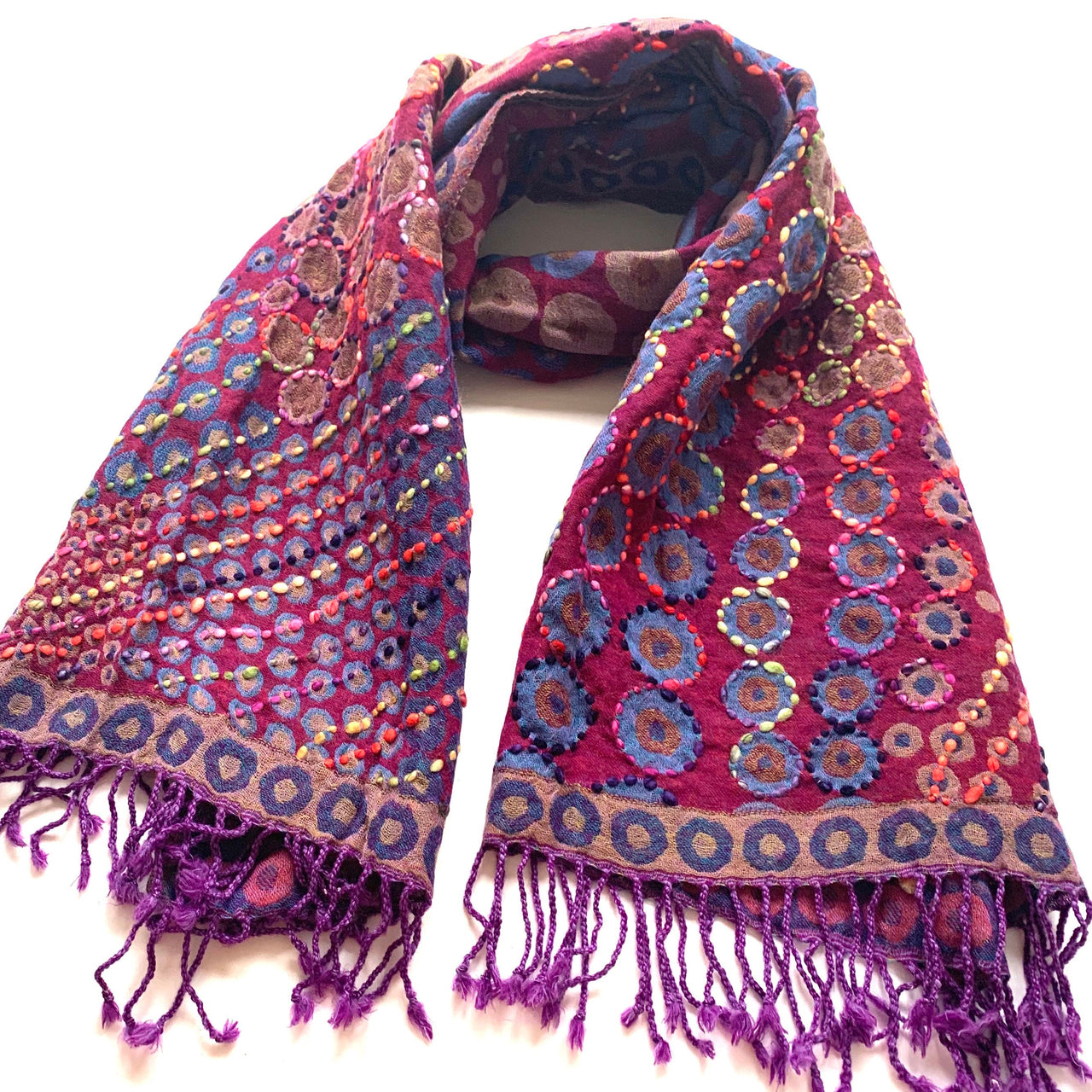 Magenta Hand Embroidered Boiled Merino Wool Scarf Shawl Wrap Stole