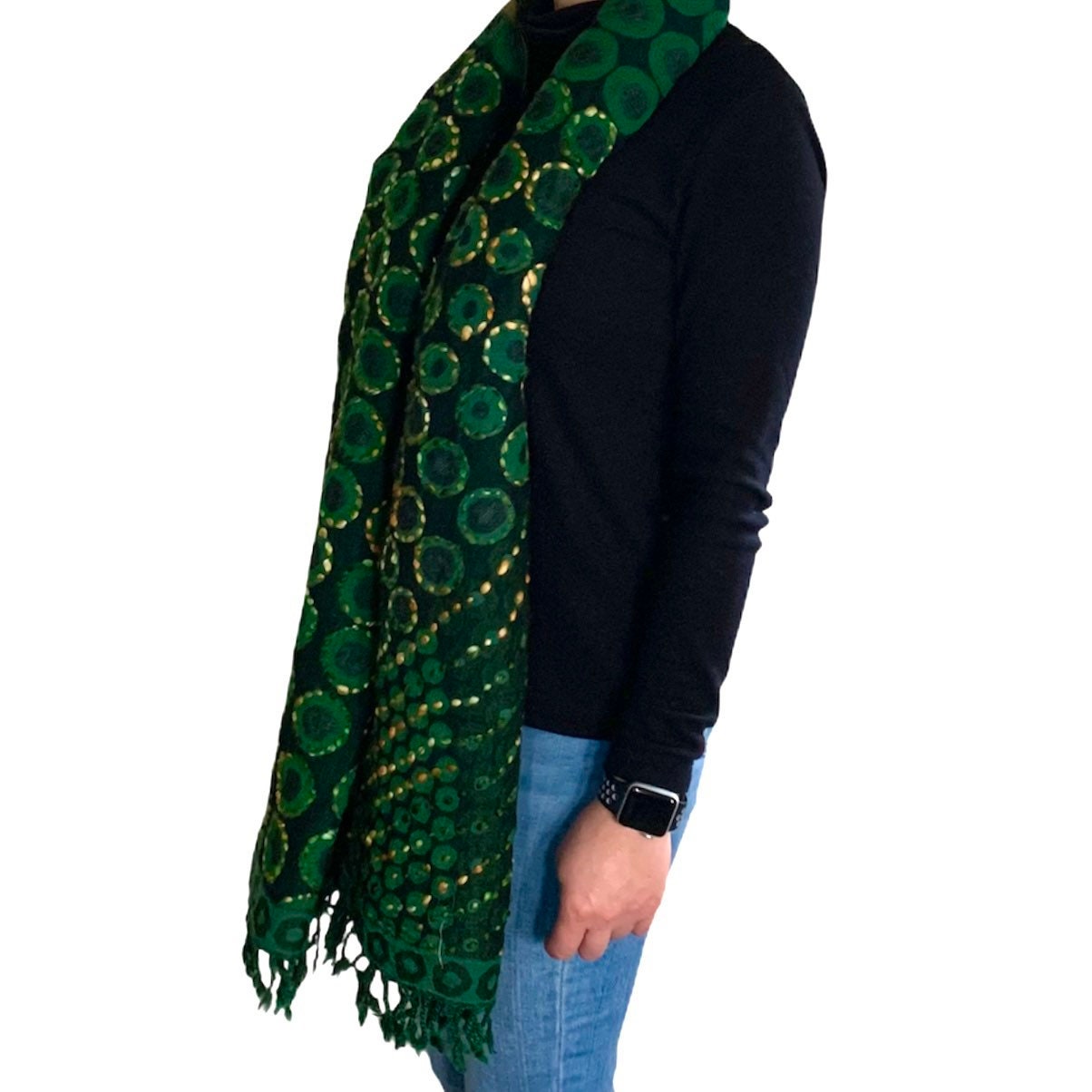 Emerald Hand Embroidered Boiled Merino Wool Scarf Shawl Wrap Stole