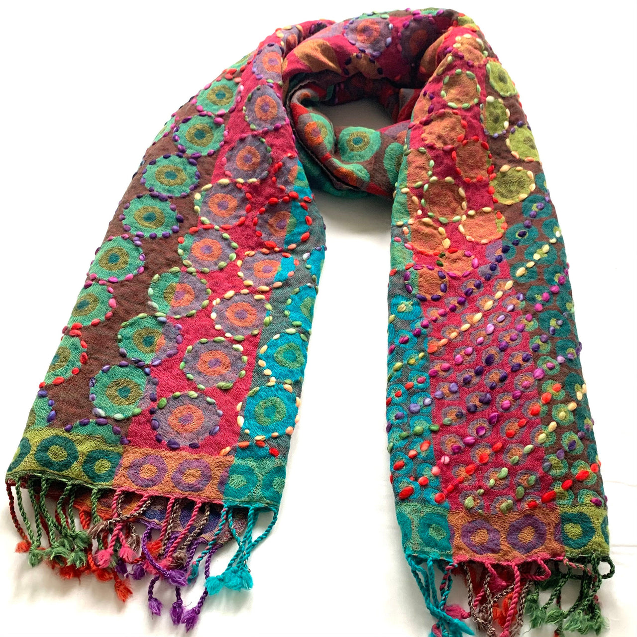 Multicoloured Hand Embroidered Boiled Merino Wool Scarf Shawl Wrap Stole