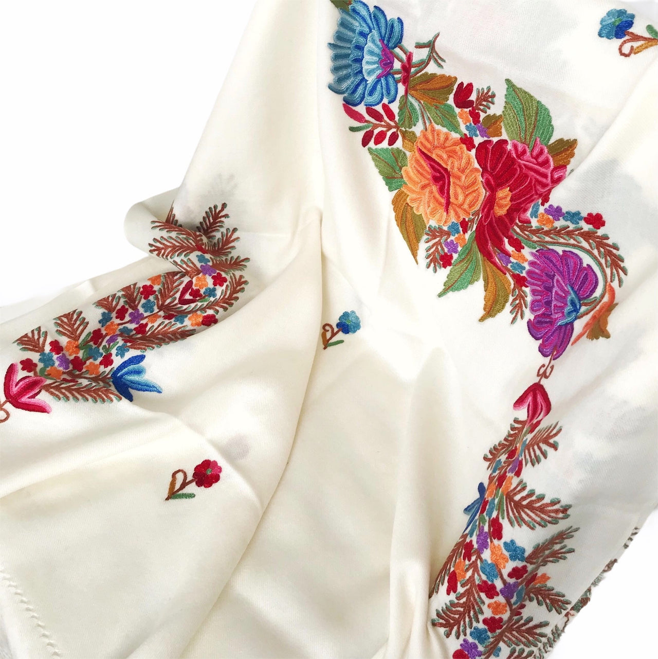 White Multi-Coloured Silk Embroidered Scarf/Shawl/wrap/Stole28x80”Inches