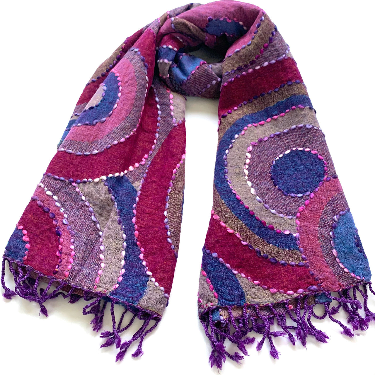 Boil wool Scarf Wool Shawl Hand Embroidered Wrap Purple Blue Multicoloured Stole