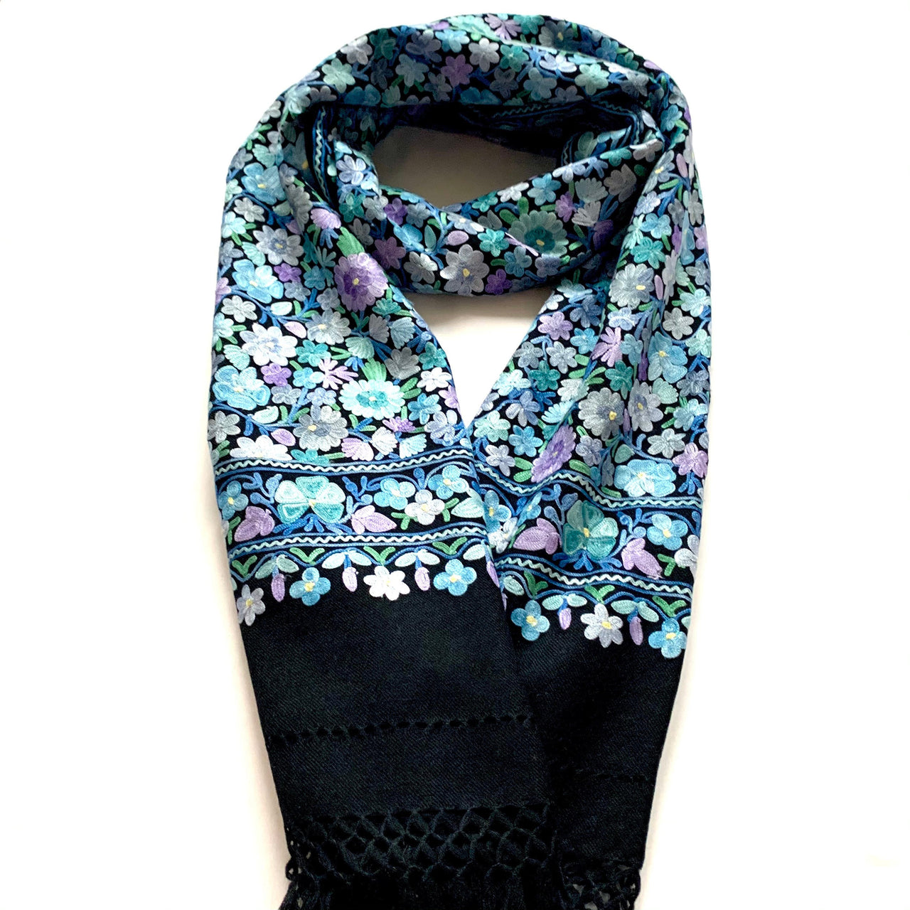 Black Floral Shawl Lavender Embroidered Scarf Wrap Stole