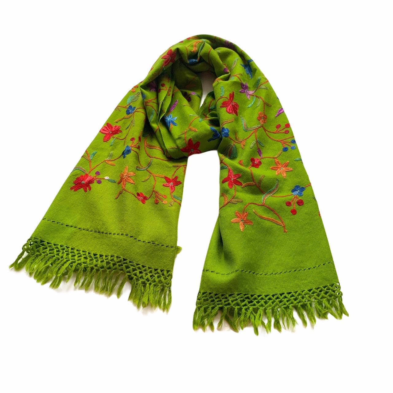 Green Hand Scarf Beautifully Embroidered Shawl Wool Floral Scarf Wrap