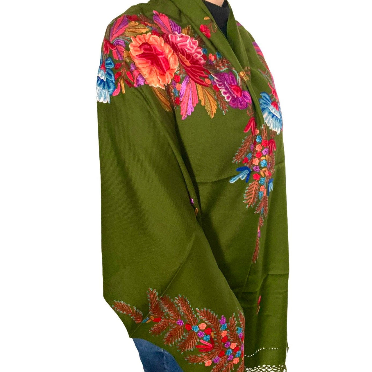 Gorgeous Green Multi-Coloured Silk Embroidered Scarf Shawl Wrap Stole