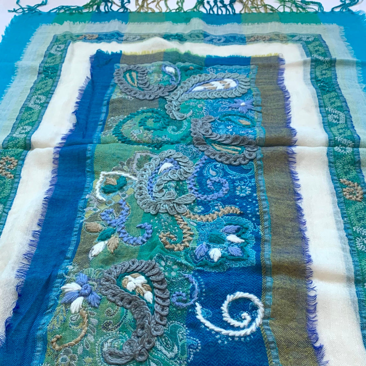Turquoise Cream Multicoloured Hand Embroidered Boiled Wool Scarf Shawl Wrap
