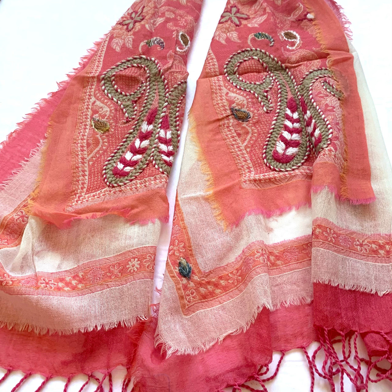 Pink/Cream Multicoloured  Hand Embroidered Boiled wool Scarf/Shawl/Wrap