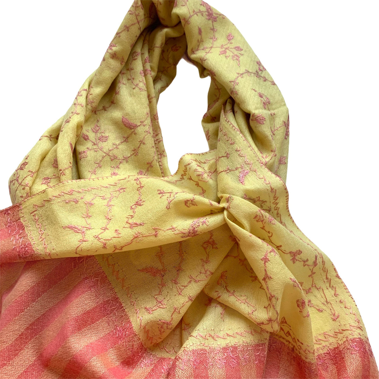 Gorgeous Lemon with Pink Striped Border Pal Kalam Needle Hand Embroidered Shawl Scarf Wrap Stole