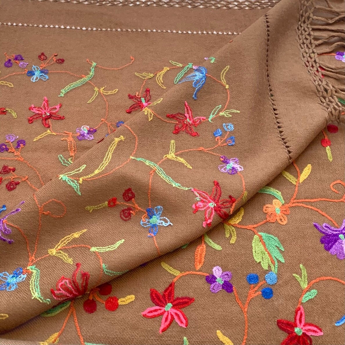 Hand Embroidered Brown Floral Shawl Wrap Throw Stole