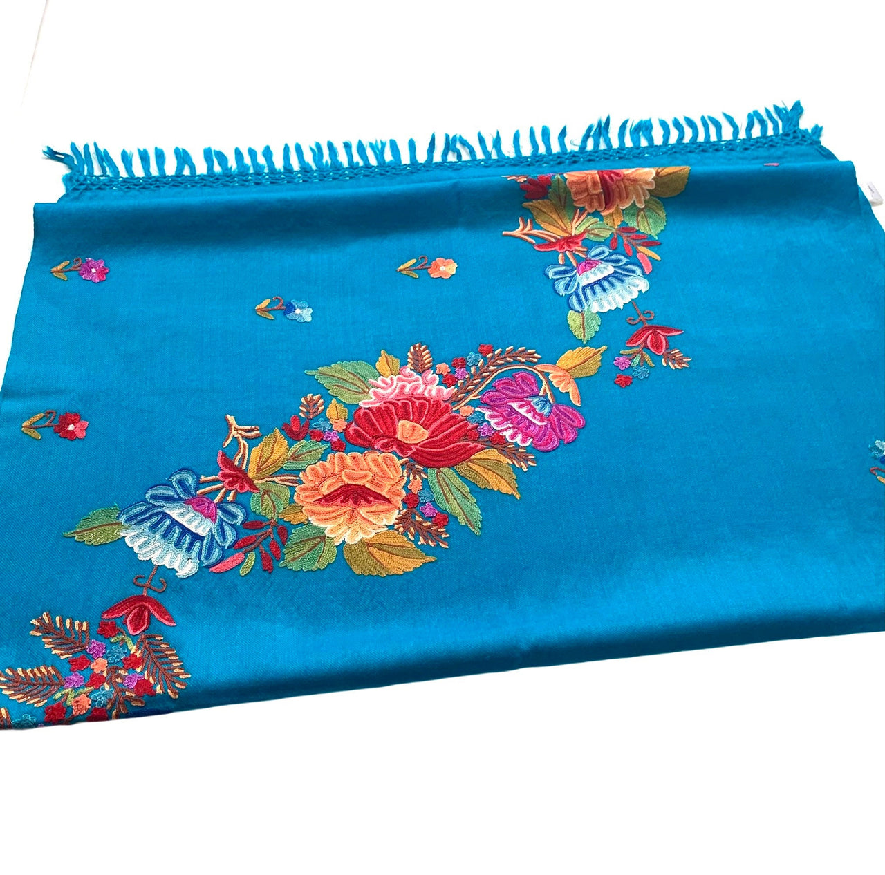 Stunning Turquoise Wool Shawl  Multi-Coloured Silk Embroidered Scarf/Stole /women’s Wrap/