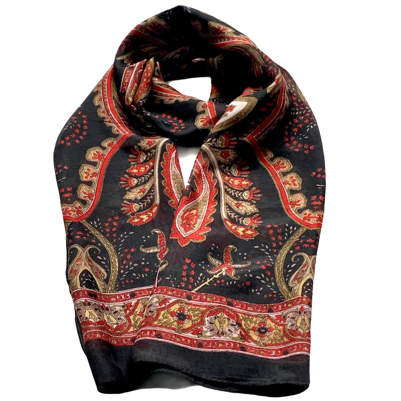 Silk Scarf Black Red Paisley Design Multicoloured Reversible Silk Wrap Stole Neck Scarf Women Scarf