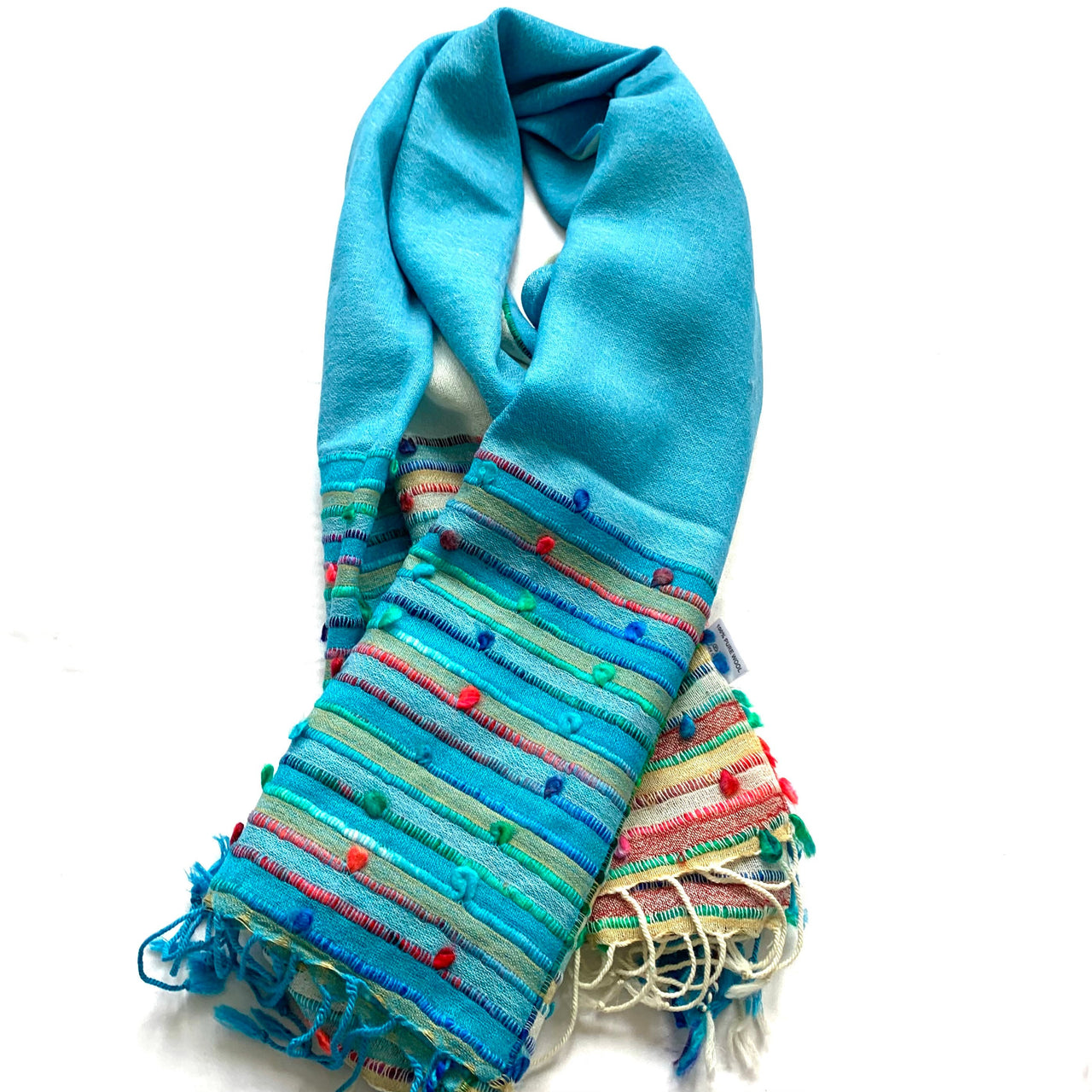 Turquoise Cream Hand-Knotted wool Pashmina Multicoloured Scarf Shawl Wrap Stole