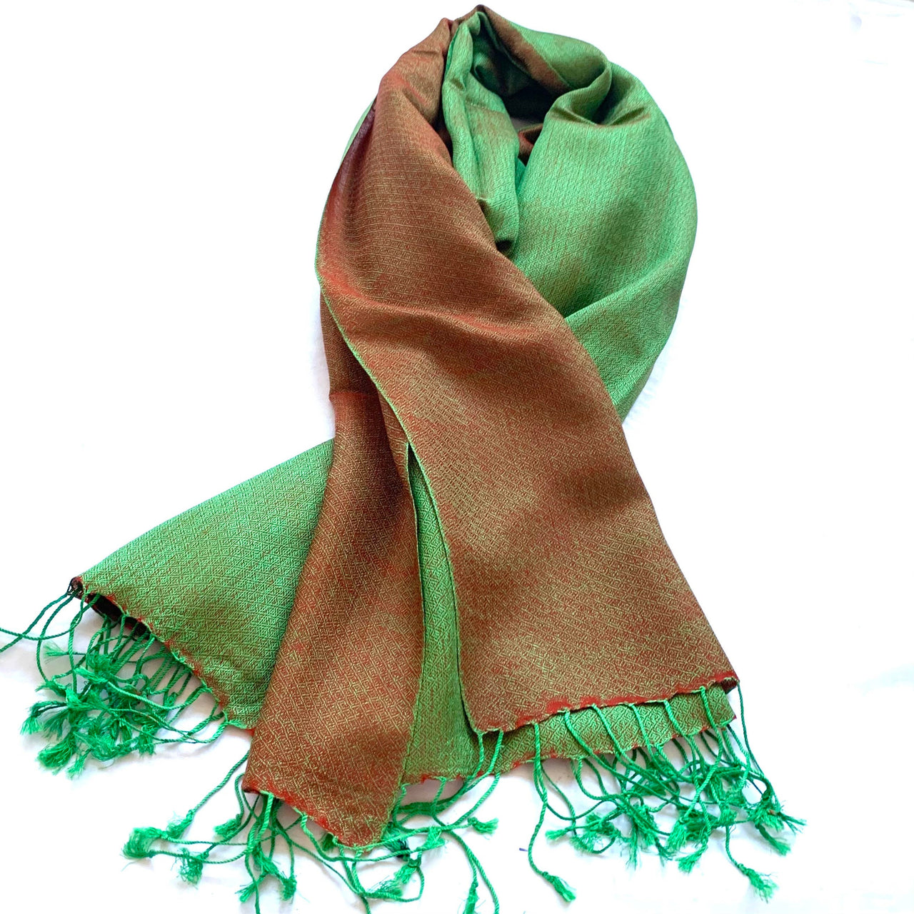 Brick Red and Green Silk Wool Pashmina Reversible Scarf Shawl Wrap Stole