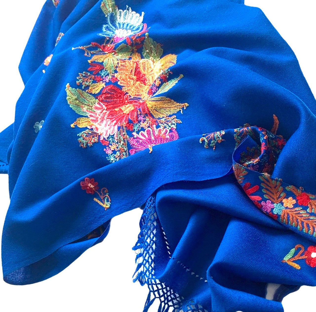 Stunning Blue Wool shawl Silk Hand Embroidered Scarf Stole Women’s Wrap