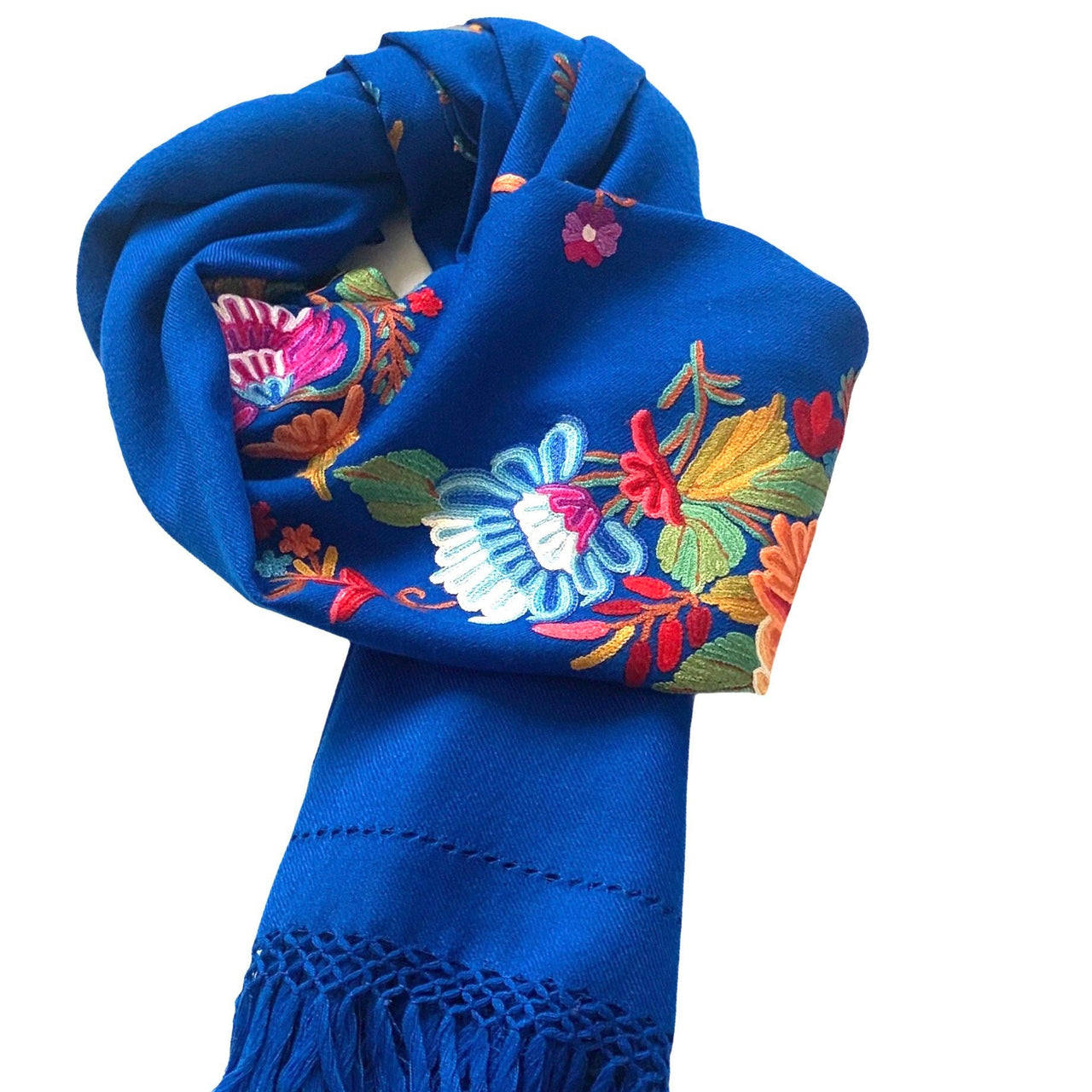 Stunning Blue Wool shawl Silk Hand Embroidered Scarf Stole Women’s Wrap