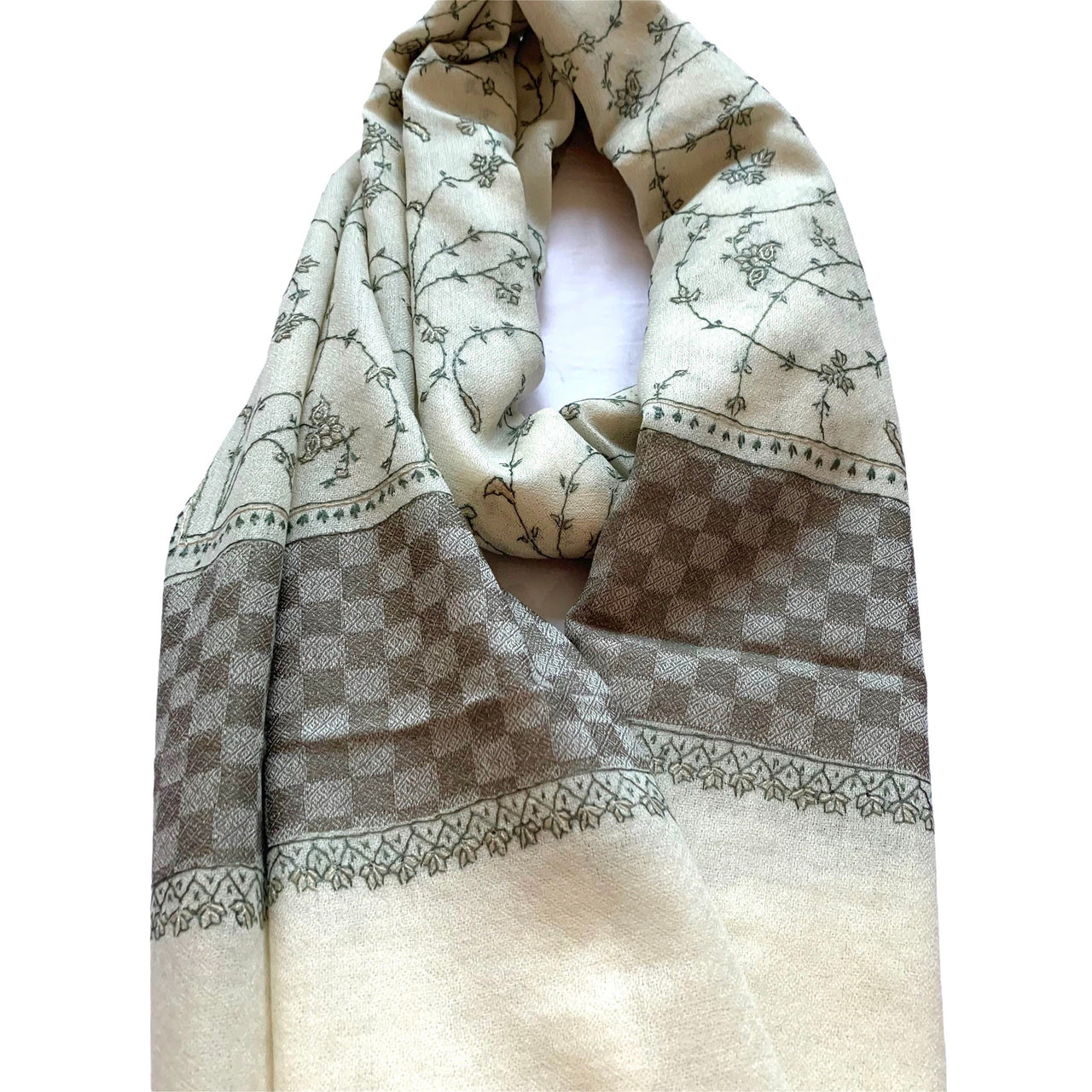 Gorgeous Cream with Balboa Checkered pal kalam Needle  Hand embroidered shawl/Scarf/Wrap/Stole