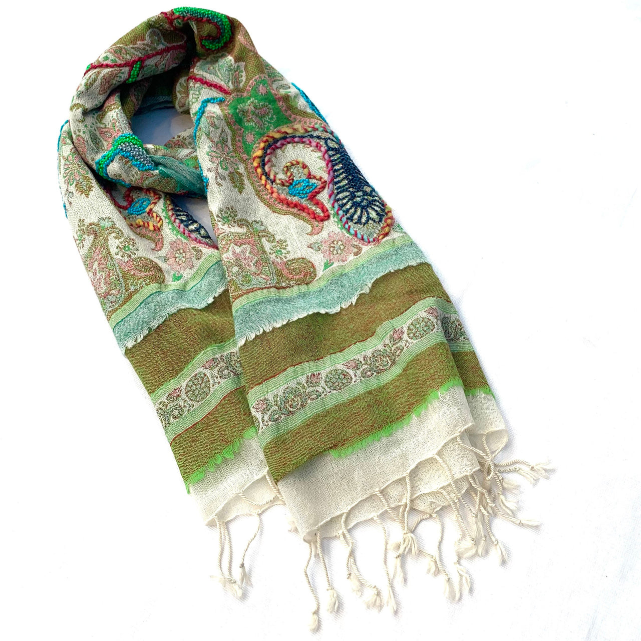 Mint Green Cream Multicoloured Floral Wool Pashmina Scarf Hand Embroidered Boiled wool Shawl/Wrap/Stole
