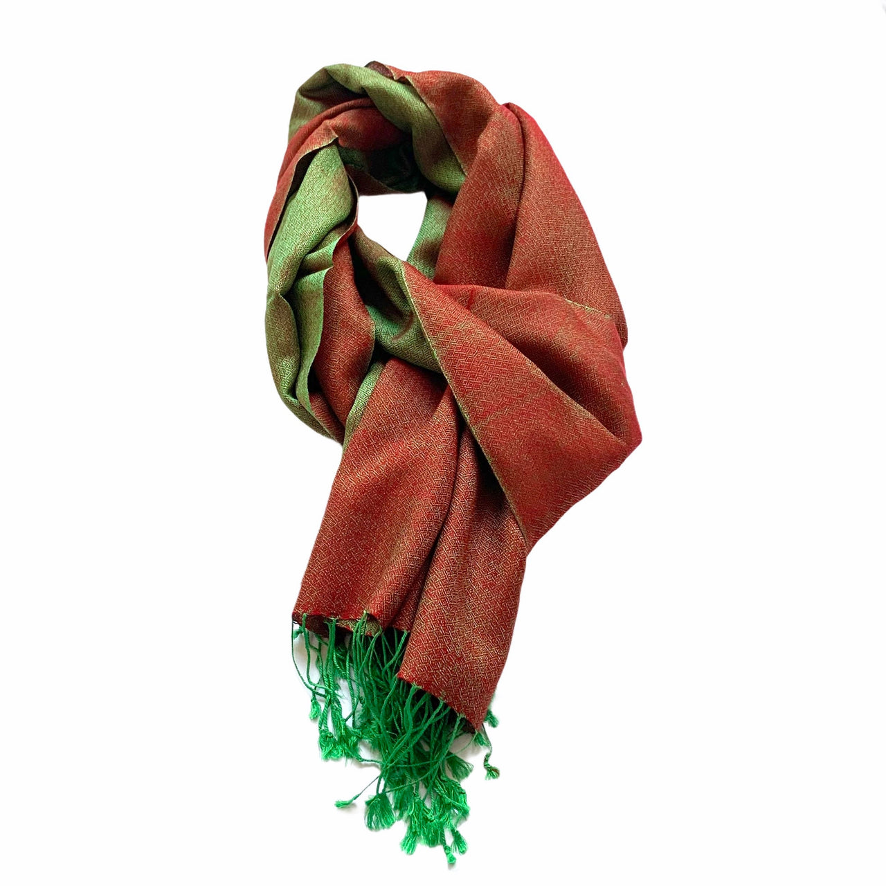 Green Red Reversible Silk Wool Scarf Shawl Wrap Stole