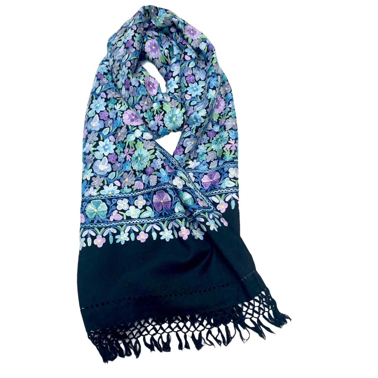 Black Embroidered Multi-Colored Floral  Scarf/Shawl/wrap/Stole