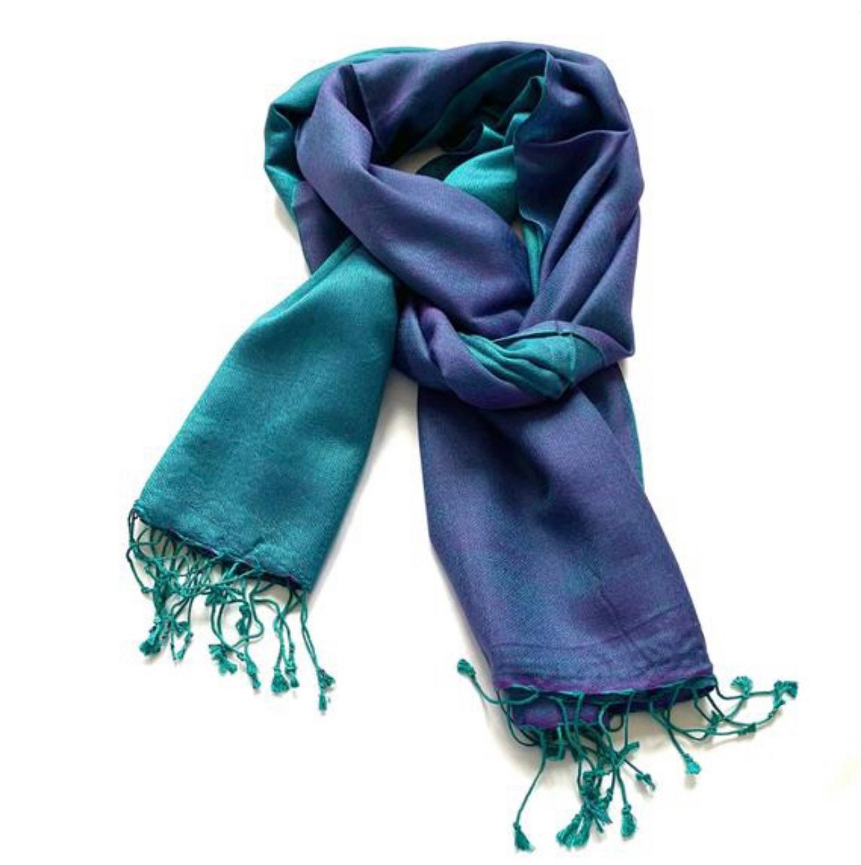 Silk Wool Pashmina Reversible Teal Turquoise Scarf Shawl Cashmiri