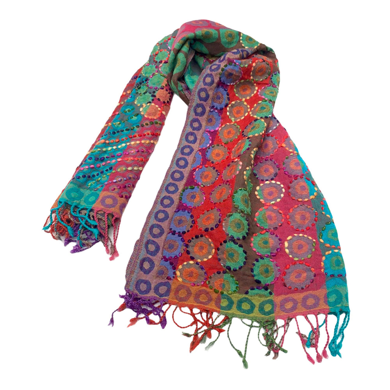 Multicoloured Hand Embroidered Boiled Merino Wool Scarf Shawl Wrap Stole
