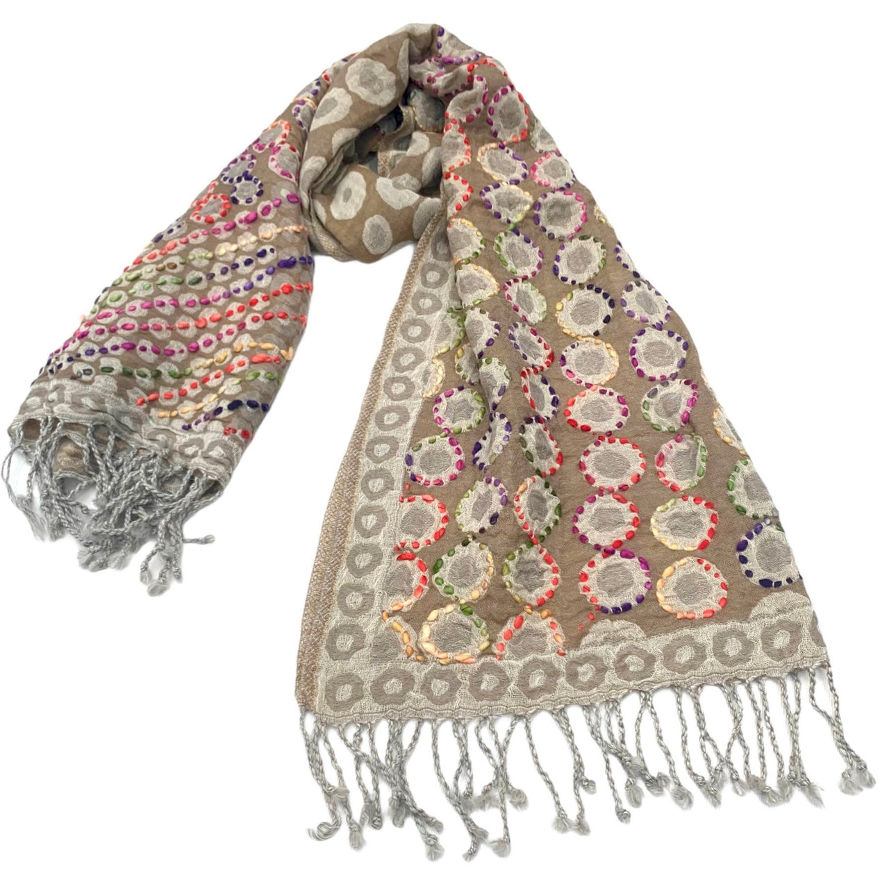 Beige Hand Embroidered Boiled Merino Wool Scarf Shawl Wrap Stole