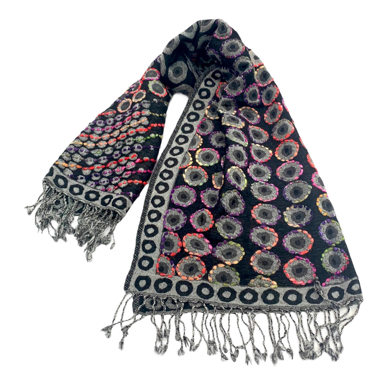 Black Cream Multicoloured Hand Embroidered Boiled Merino Wool Scarf Shawl Wrap Stole
