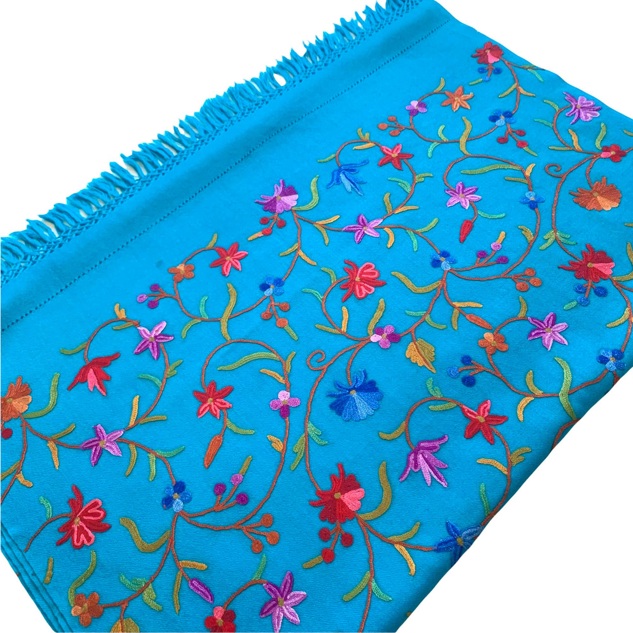 Stunning Wool Shawl Turquoise Scarf Wrap Multicoloured Hand Embroidered