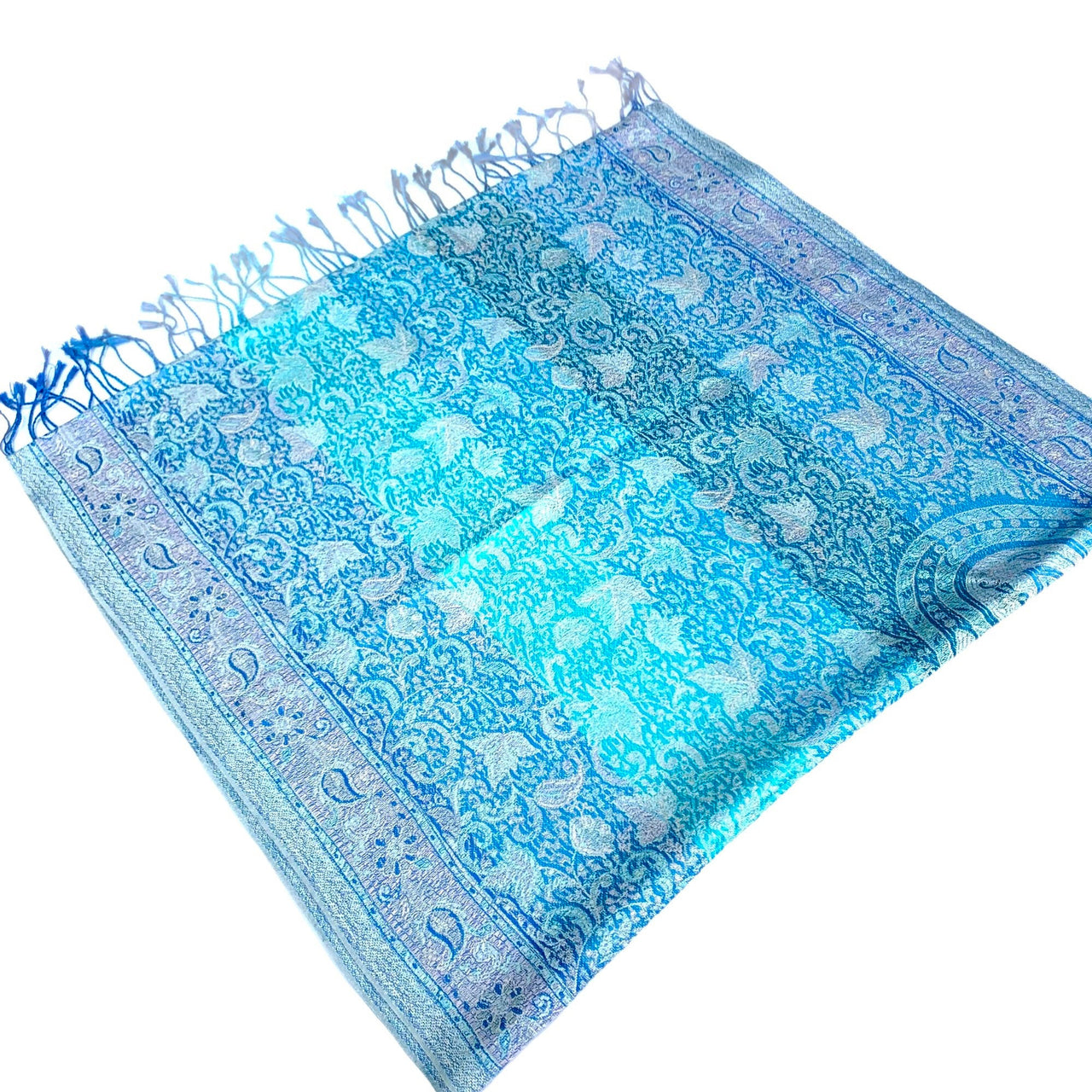 Silk Paisley Design Turquoise Blue Maple Leaf with Scarf Wrap Stole Shawl