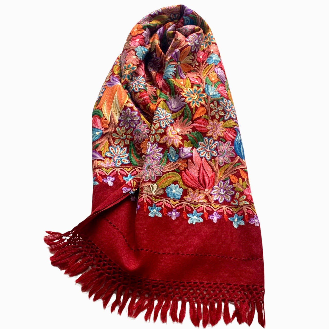 Handmade  Burgundy Floral Shawl  Wool Scarf Wrap Hand Embroidered Stole